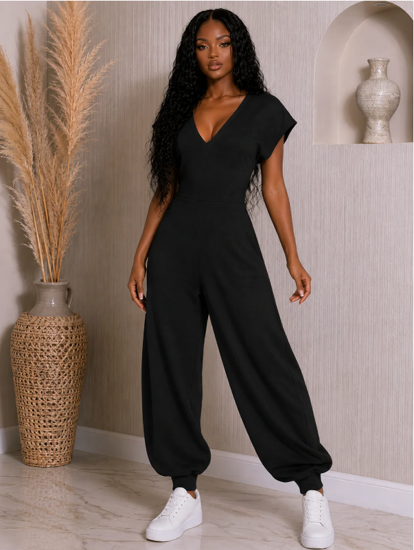 JP3573CMP - V NECK SS BAGGY JUMPSUIT