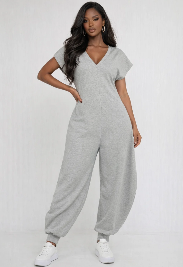 JP3573CMP - V NECK SS BAGGY JUMPSUIT
