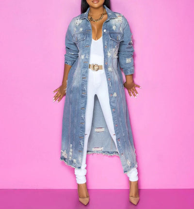 Distressed Long Denim Jacket