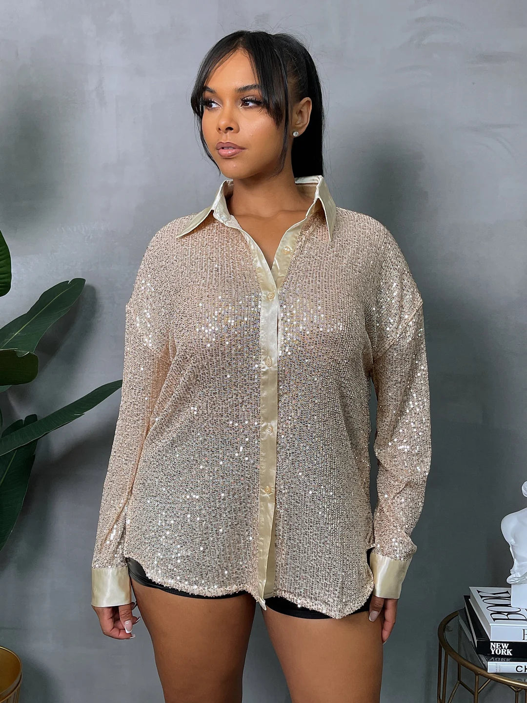 Sequined L/S Button Down Blouse