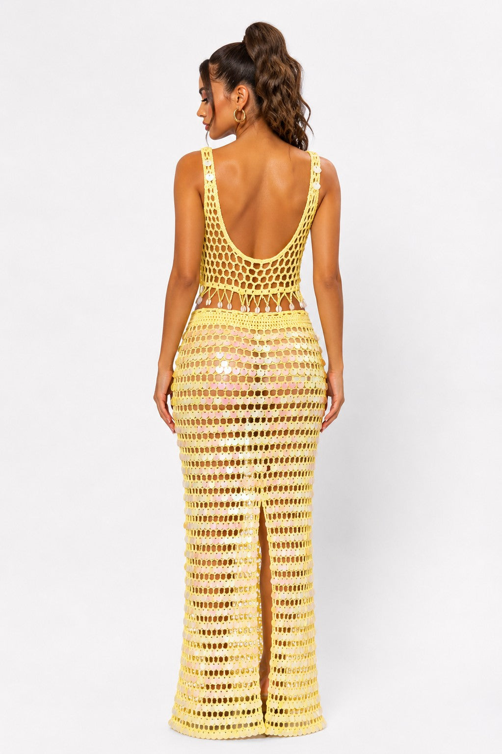V-neck Crochet Sequin Vacation Set