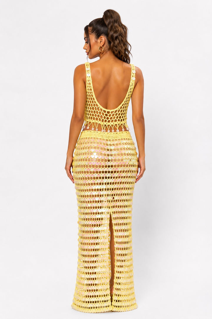 V-neck Crochet Sequin Vacation Set
