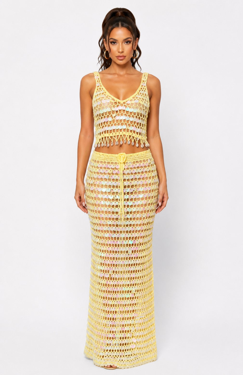 V-neck Crochet Sequin Vacation Set