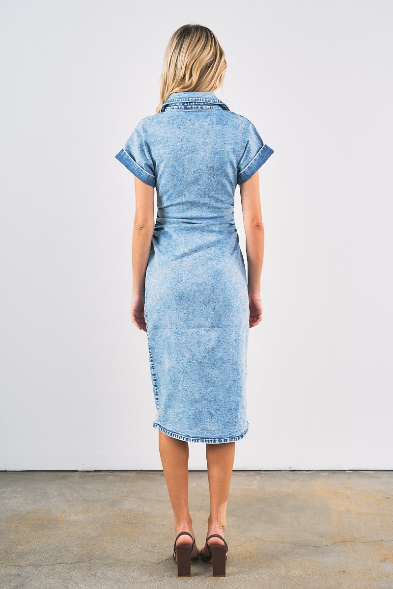 Denim Midi Dress With Collar