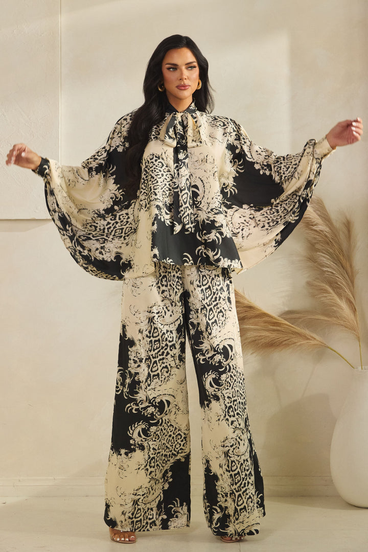Print Tie Neck Kimono Top W/ Matching Pants Set