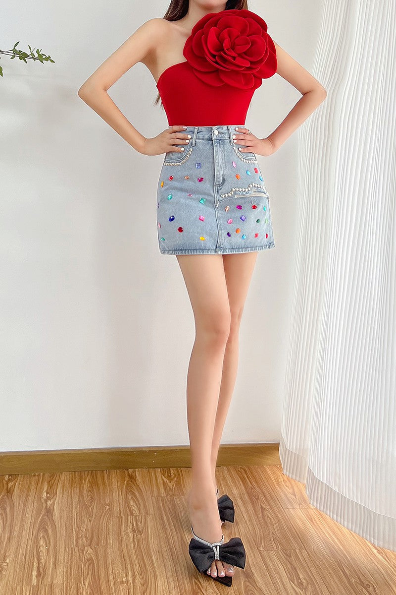 Bodysuit 3D Floral Asymmetric