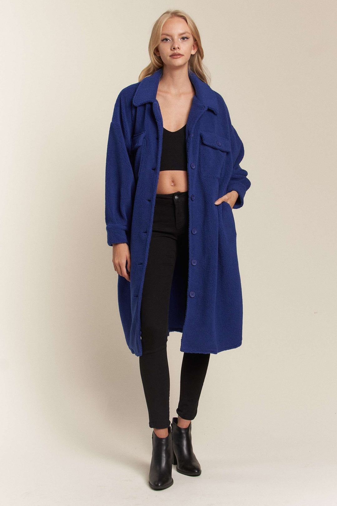 Faux Fur Button Down Pocket Long Jacket J324.18