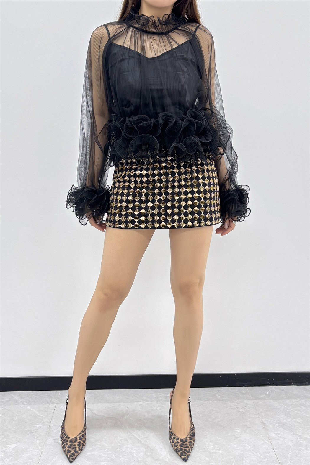 2-pcs Sheer Ruffle Trim Blouse