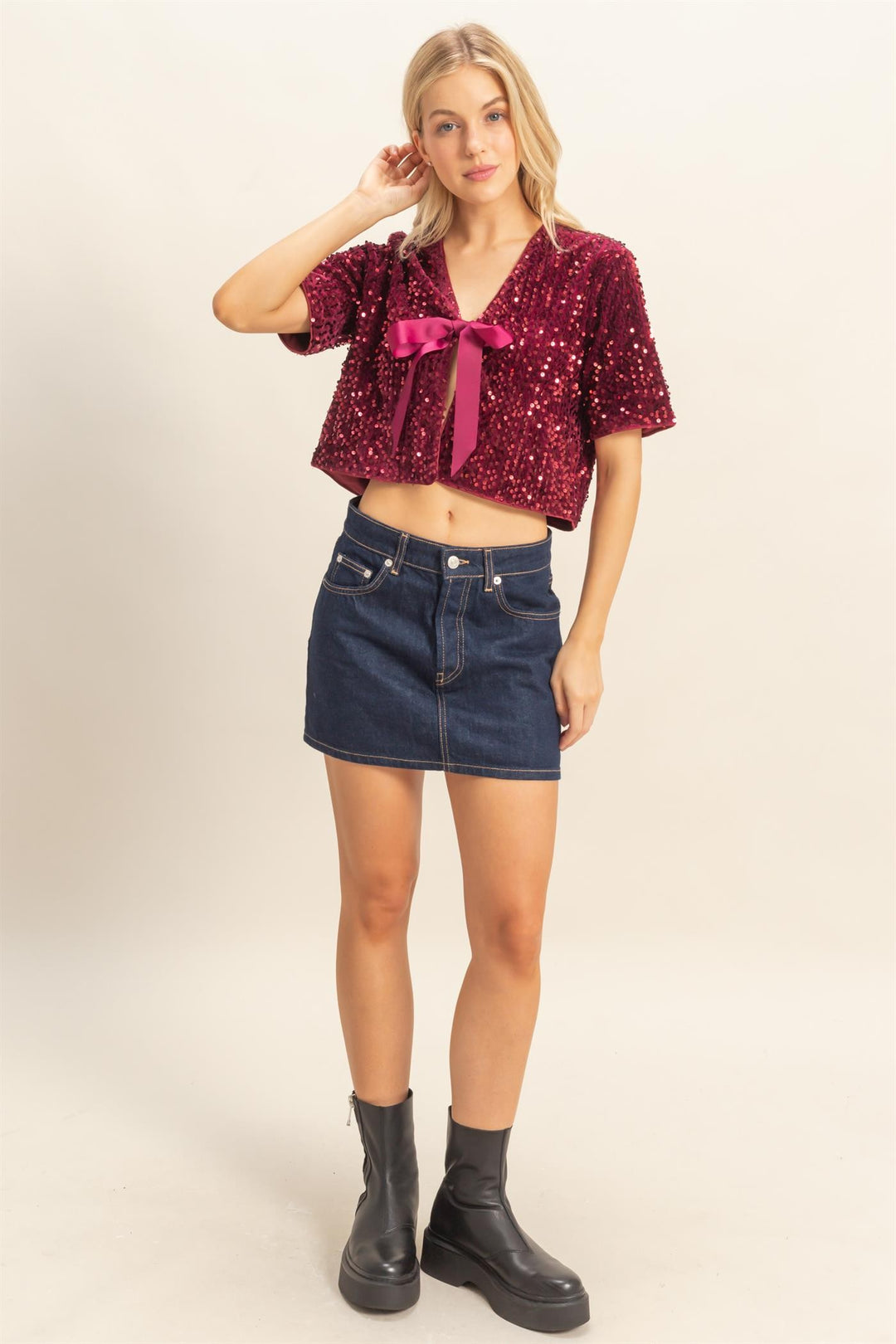 Tie Detail Sequined Crop Top