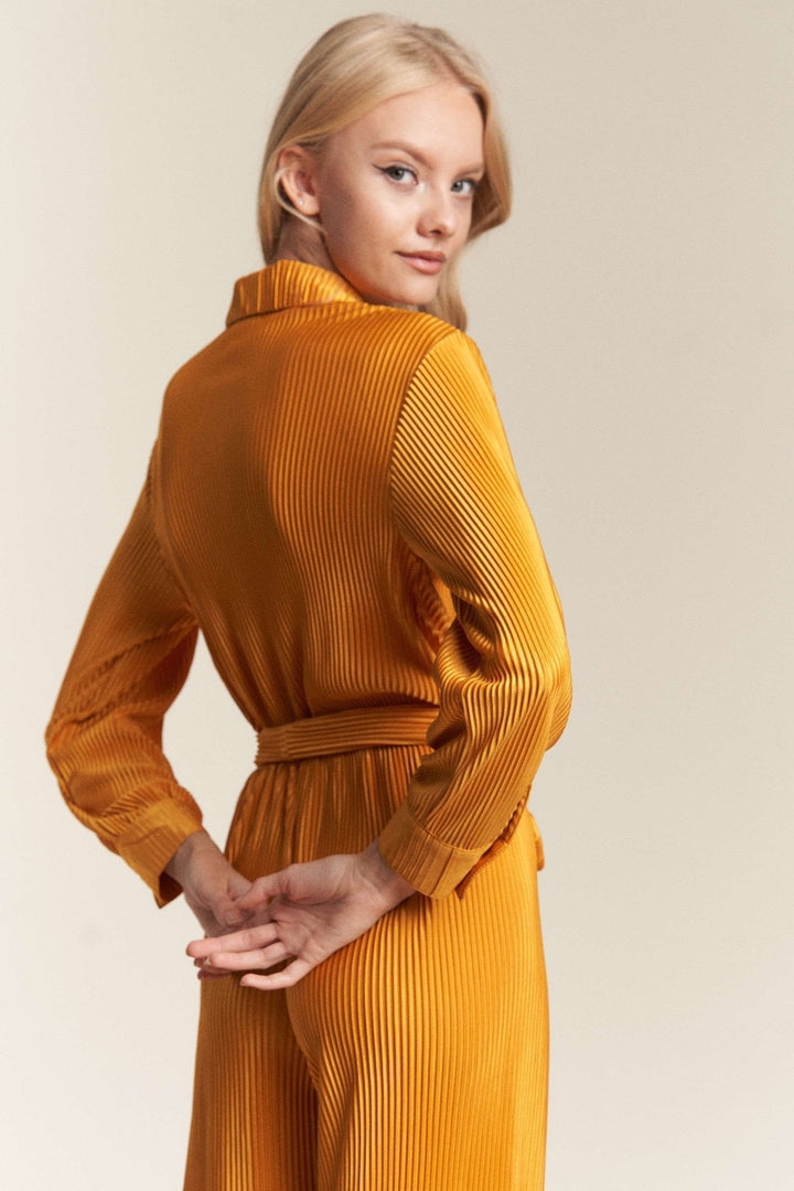 Crinckled Fabric Button Down Tie Waist Jumpsuit