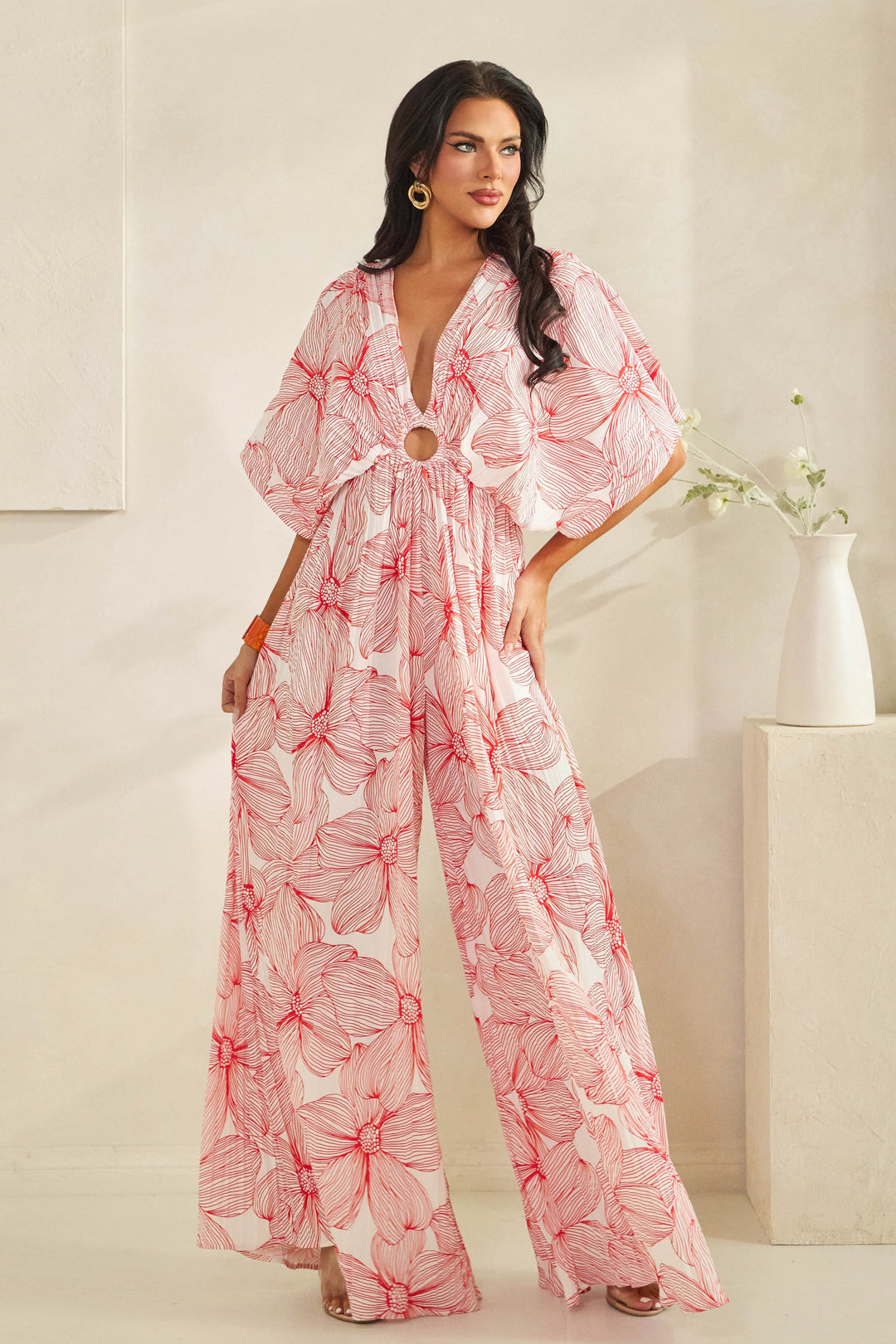 V-neck Drop Shoulder W/ O-ring Pleated Jumpsuit