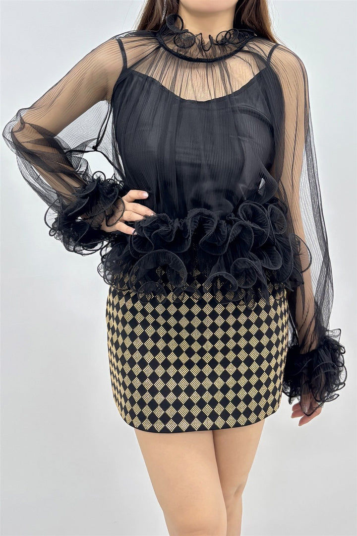 2-pcs Sheer Ruffle Trim Blouse