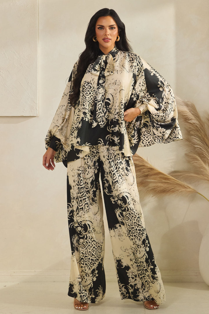 Print Tie Neck Kimono Top W/ Matching Pants Set