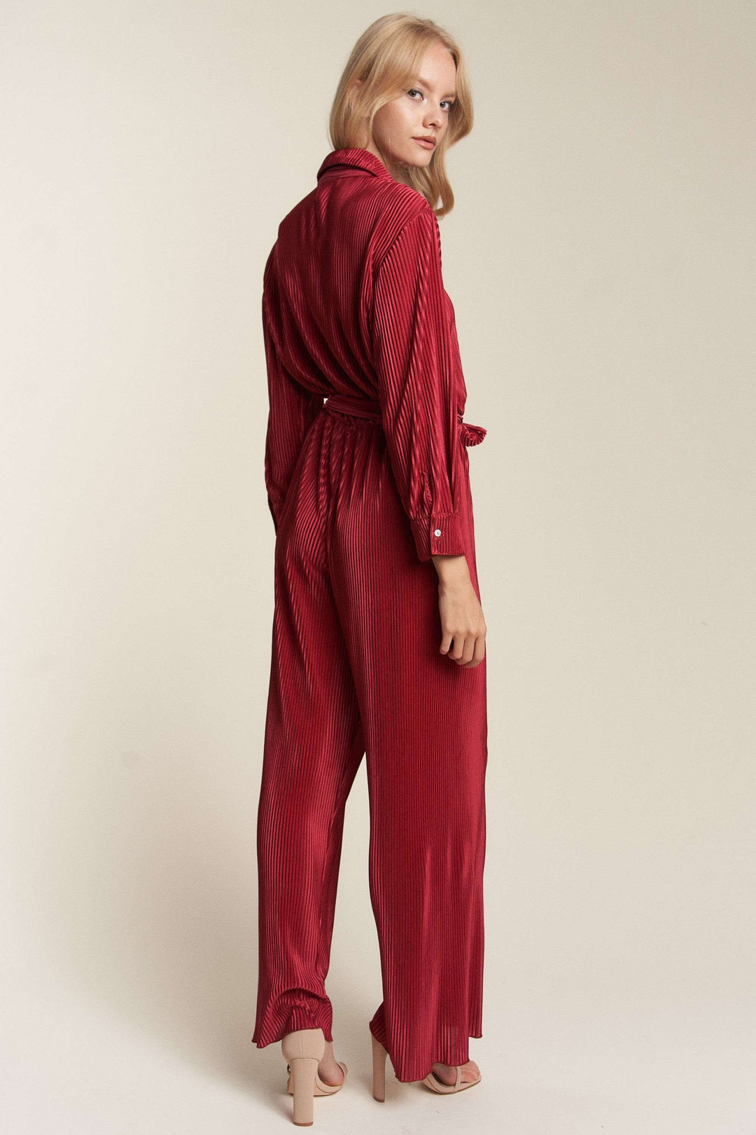 Crinckled Fabric Button Down Tie Waist Jumpsuit