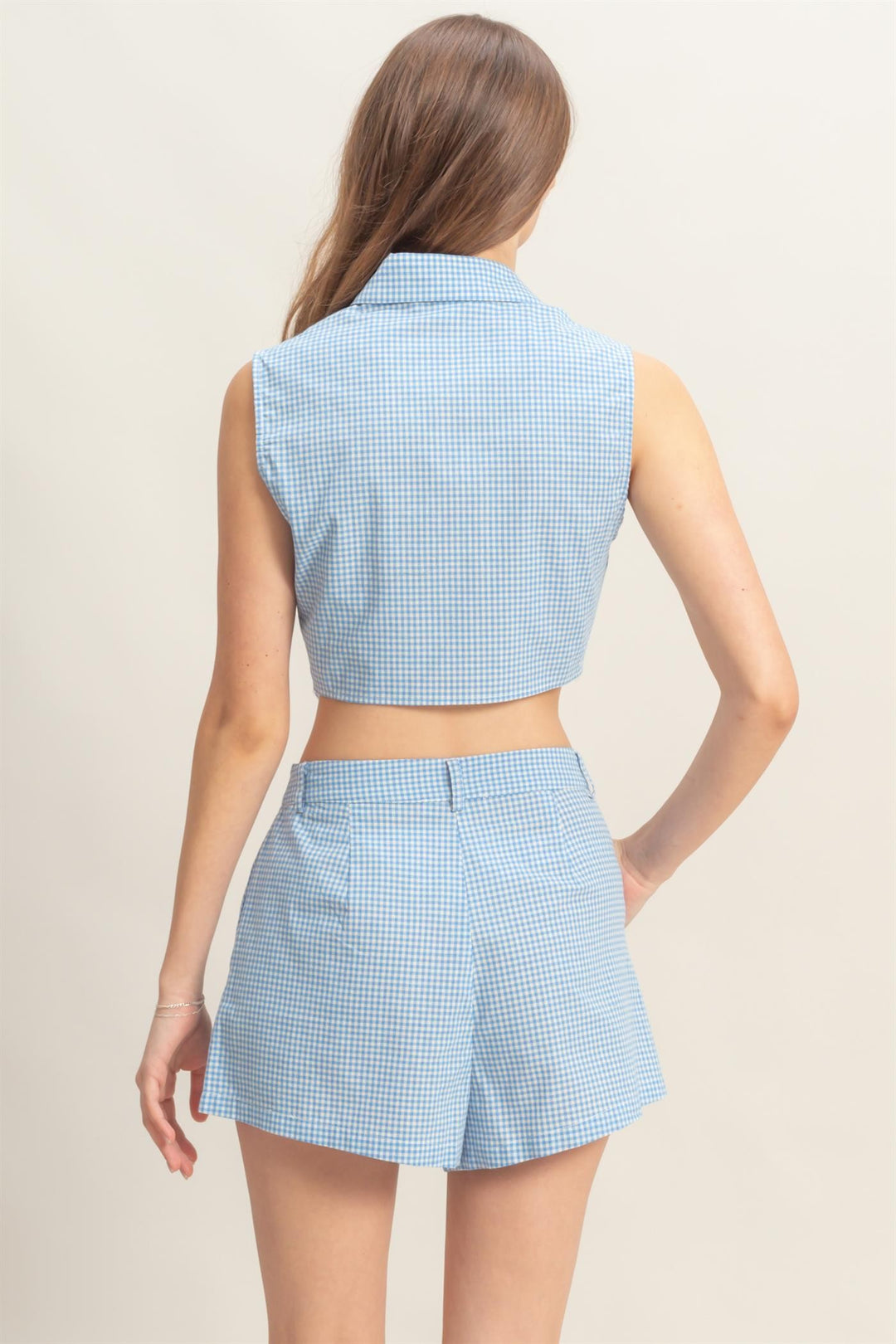 Set-front Tie Top And Shorts Gingham Set