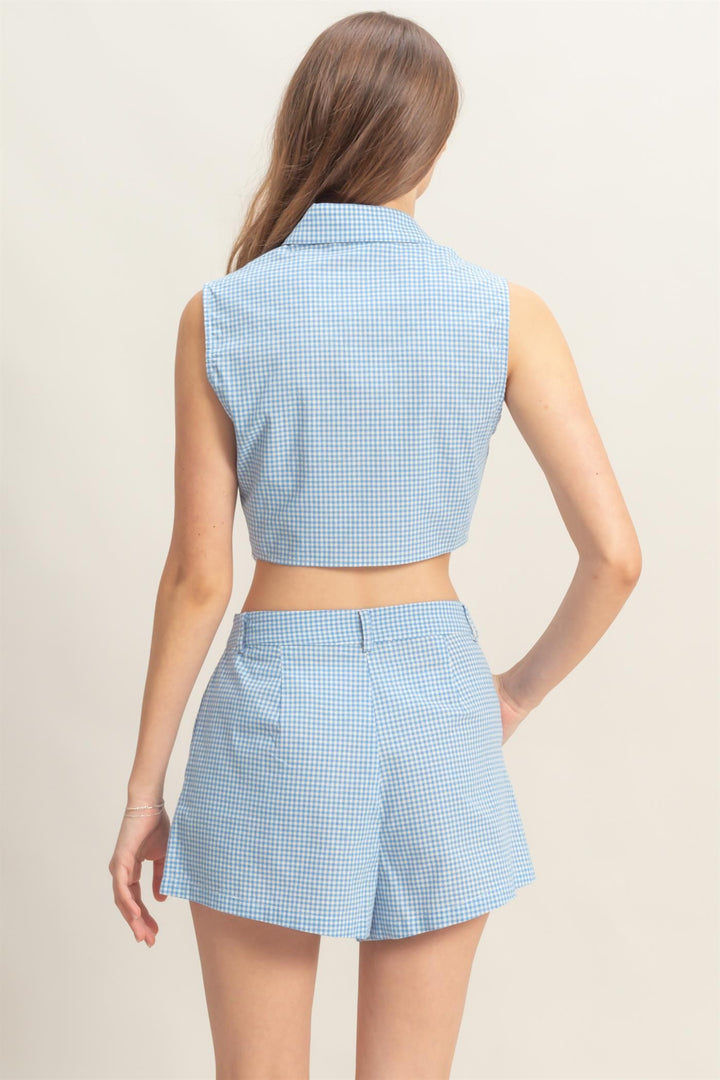 Set-front Tie Top And Shorts Gingham Set