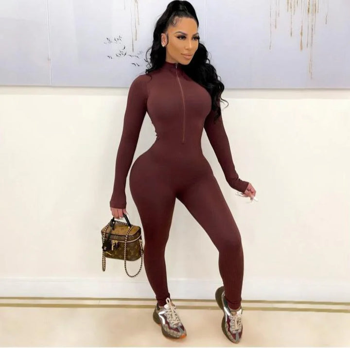 Seamless Ribbed Zipper Fitted Jumpsuit