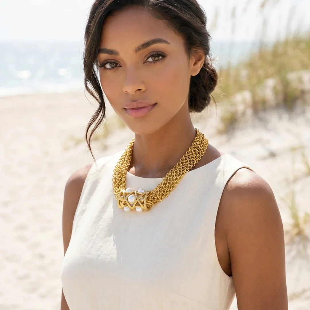 WATER RESISTANT 24K GOLD TONE LATTICE PEARL CENTERPIECE MESH NECKLACE, 113495