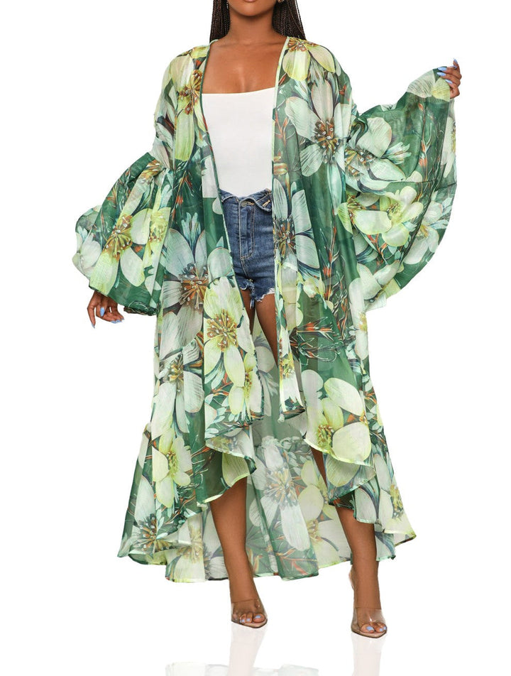 Nature Print Sheer Ballon Sleeve Cardigan