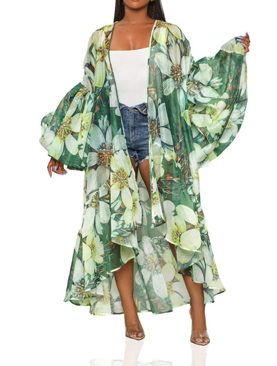 Nature Print Sheer Ballon Sleeve Cardigan