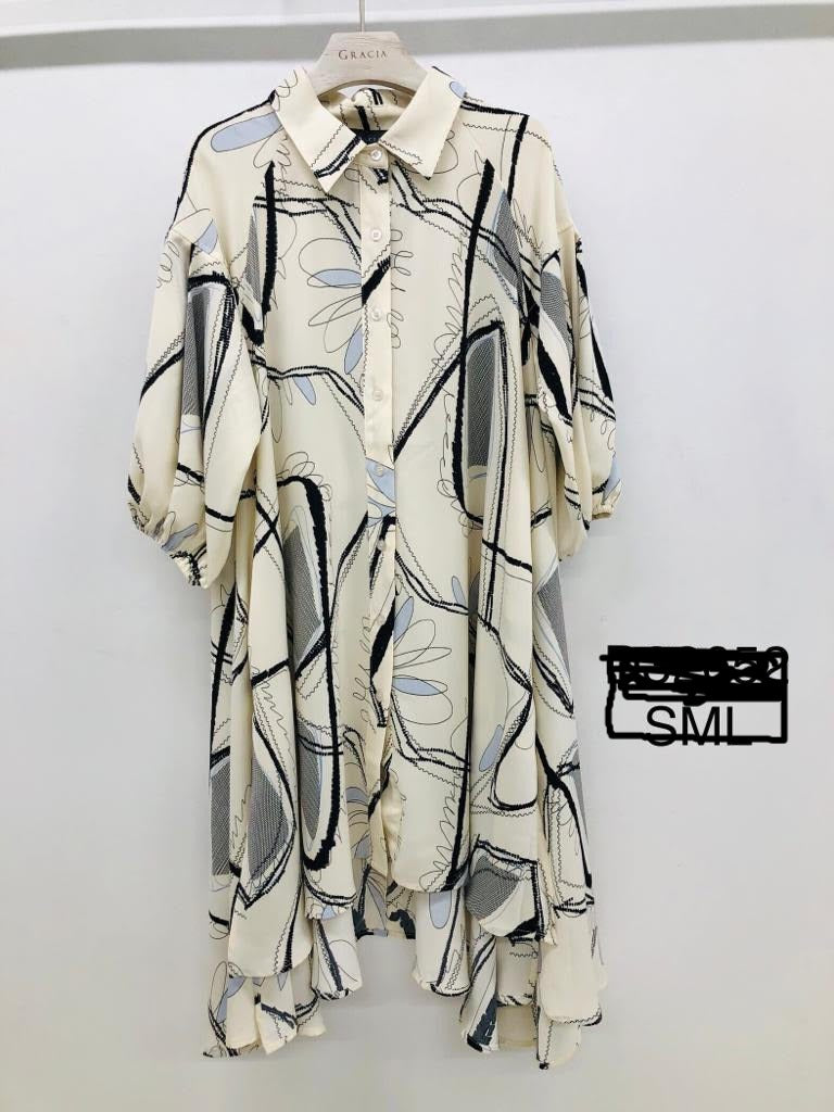 Bluson Dress Asimmetrical Printed Collared Loose